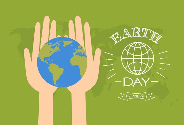 Día de la Tierra Las manos sostienen el globo sobre el mapa mundial — Vector de stock