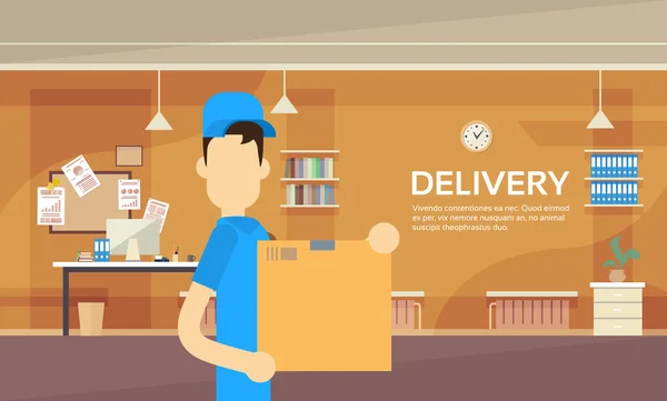 Courier Man Hold Box Delivery Package Post Service Warehouse Interior — Wektor stockowy