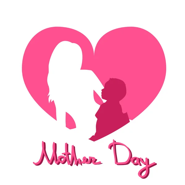 Mother Day, Silhouette Woman Sit Embracing Child, Family Love Greeting Card Heart Shape Background — Stock Vector