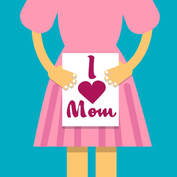 Chica Hold Banner Amo a mamá, Día de fiesta de la madre, Hija con tarjeta de felicitación — Vector de stock