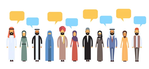 Arab People Group Chat Bubble komunikacja koncepcja, Muzułmanin rozmowa — Wektor stockowy