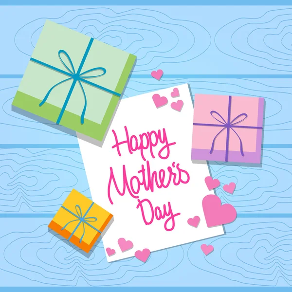 Día de fiesta del día de la madre, tarjeta de felicitación con caja de regalo Textura de madera Fondo Vista superior del ángulo — Vector de stock