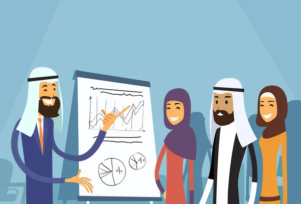 Arab üzleti People Group bemutató Flip Chart pénzügy, Arab üzletemberek Team képzés muzulmán Értekezlete — Stock Vector