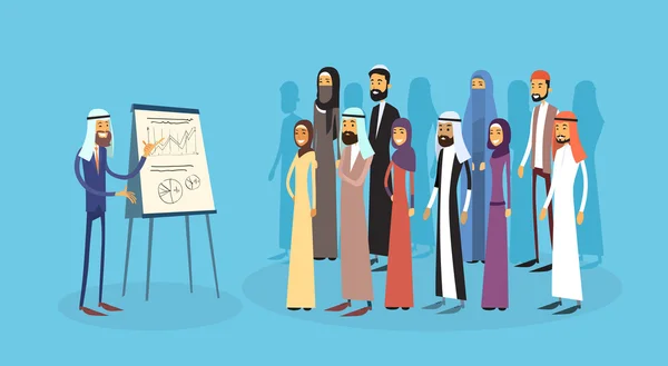 Emiraty Business People Group prezentacji Flip Chart finansów, arabski biznesmeni drużyna szkolenia muzułmańskich konferencji — Wektor stockowy