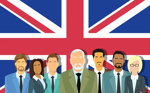 Senior Geschäftsleute Gruppe von Geschäftsleuten Team über große britische Flagge — Stockvektor