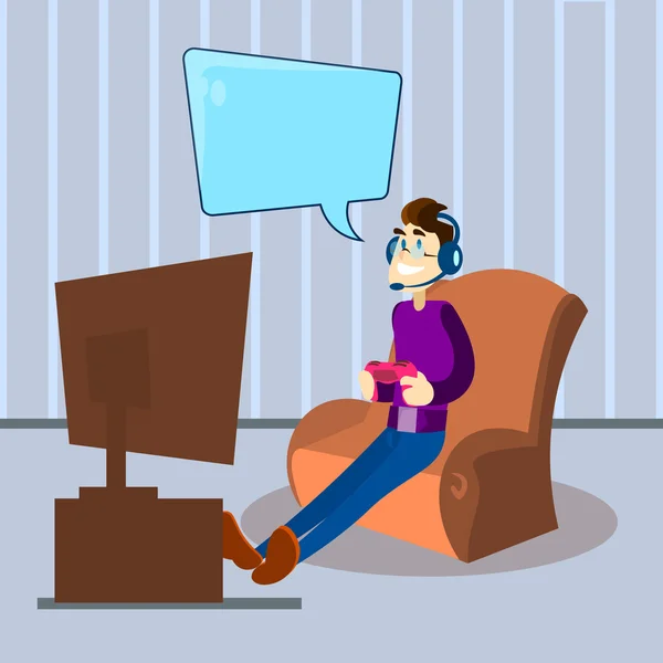 Мужчина держать пульт дистанционного управления носить наушники играть компьютерные видео игры телевизор сидеть в кресле — стоковый вектор