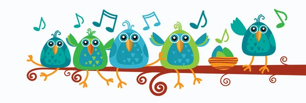 Grupo de pássaros sentados no ramo com notas de música — Vetor de Stock