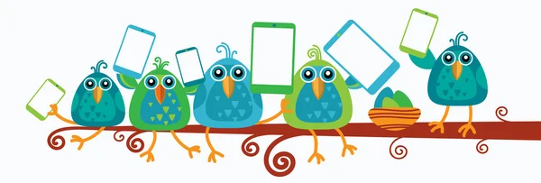 Vogelgruppe auf Ast hält Smartphone-Tablet in der Hand — Stockvektor
