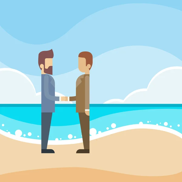 Businessmen Handshake Beach Offshore Finance — Stock Vector