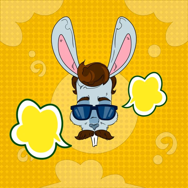 Rabbit Wear Glasses Mustache With Chat Dialog Bubble Pop Art Colorful Retro Style — Stock Vector