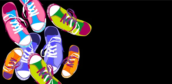 Kleurrijke Sneakers opleiding sportschoenen instellen collectie Banner met kopie ruimte — Stockvector