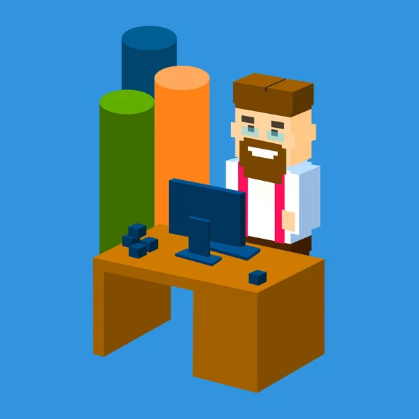 Business Man Workplace Desktop Office with Chart Bar 3d Isometric — стоковый вектор
