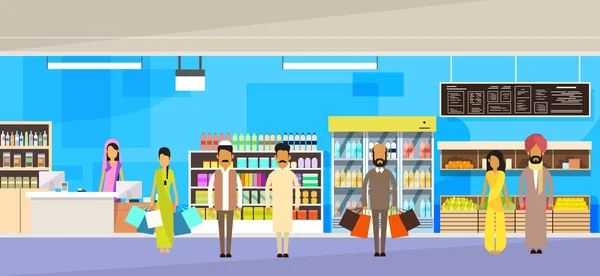 Grupo de gente india con bolsas Big Shop Super Market Shopping Mall Interior India Clientes hacen cola — Vector de stock