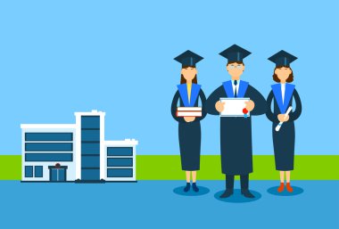 Öğrenci grubu mezuniyet elbisesi tutun kitap kağıt Diploma regülasyonun, üniversite Buiding arka plan