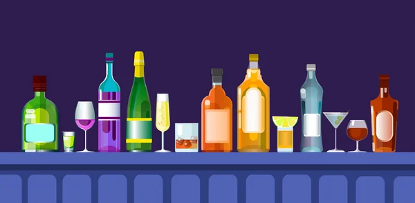 Bar Counter alkol ile gözlük iç, küme koleksiyon şişe — Stok Vektör