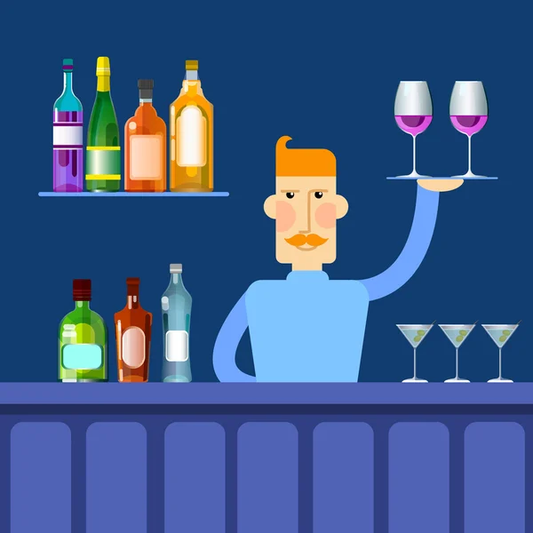 Bar Counter bartendrar håll facket med vinglas alkohol dryck flaska Set insamling — Stock vektor