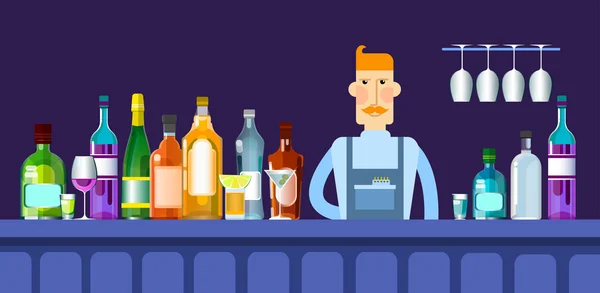 Bar Counter Barmen con alcohol bebida vasos botella — Vector de stock