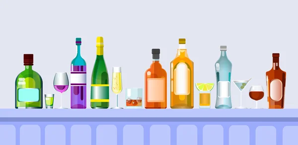 Bar mostrador con copas de bebidas alcohólicas, colección de conjuntos de botellas — Vector de stock