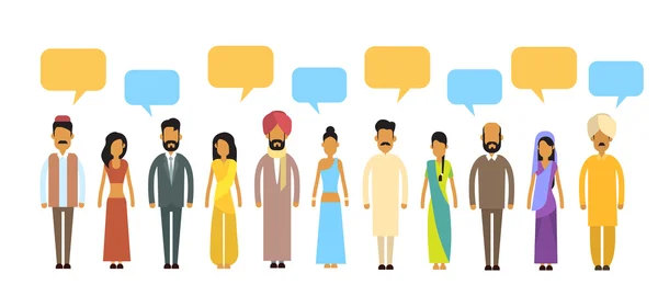 Indian People Group Chat Bubble Communication Concept, Índia Multidão Falando Rede Social — Vetor de Stock