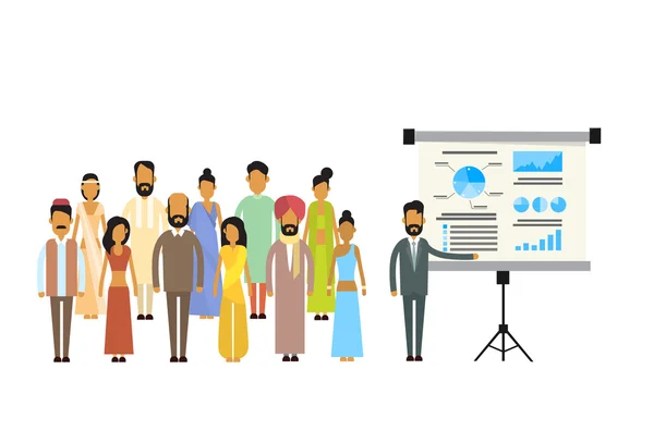 Indické obchodní skupinové prezentace Flip Chart Finance, Indie podnikatelé týmu školení konference setkání — Stockový vektor