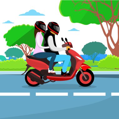 Çift binmek motosiklet kask giyiyor düz