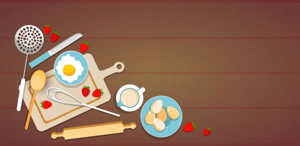 Kochutensilien Kochen Prozess Eier Erdbeer Tasse Küchentisch — Stockvektor