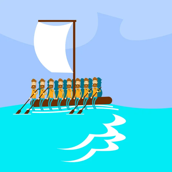 Migrujących kryzys ludzie Grupa emigrantów ręcznie wykonane łódź żagiel w morze emigracji koncepcja — Wektor stockowy