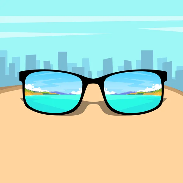Lunettes pour les yeux avec la mer d'été, concept de rêve de repos de vacances d'image de plage sur le fond de grande ville — Image vectorielle
