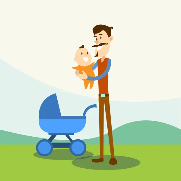 Ojciec trzymać dziecka, wózek dla noworodka natura tło — Wektor stockowy
