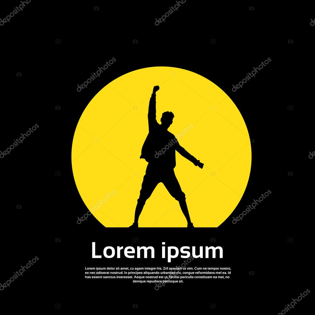 Traveler Icon Posing Hand Up Logo Hiker Trekker Empty Copy Space Black Yellow Background Vector Illustration