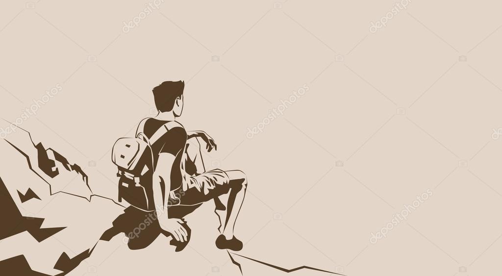 Traveler Sit On Cliff Rest Hiker Trekker Look To Empty Copy Space Vector Illustration