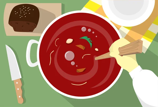 Cooking Borsch Ukrainian National Traditional Dish Hand Stir Red Soup — Stock Vector