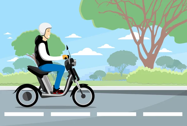 Άνθρωπος Ride μοτοποδήλατο ηλεκτρικό μηχανικό δίκυκλο, μοτοσικλέτα, φορώντας Hemlet φύση φόντο — Διανυσματικό Αρχείο