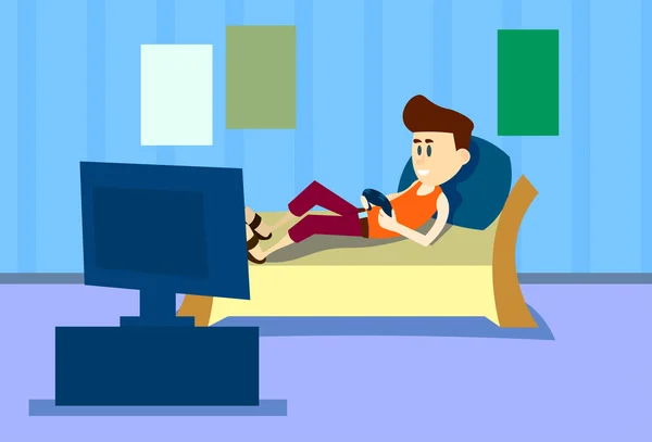 Случайный человек лежит диван держать пульт дистанционного управления Воспроизведение компьютерных видеоигр Дом интерьера — стоковый вектор