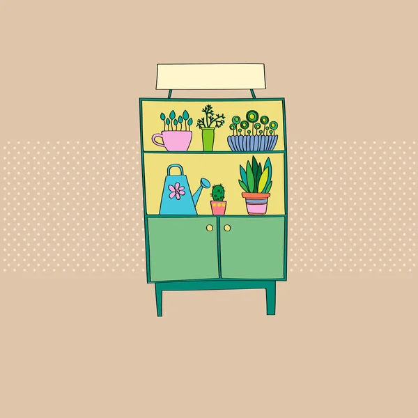 棚ホーム家具、植物付き食器棚 — ストックベクタ