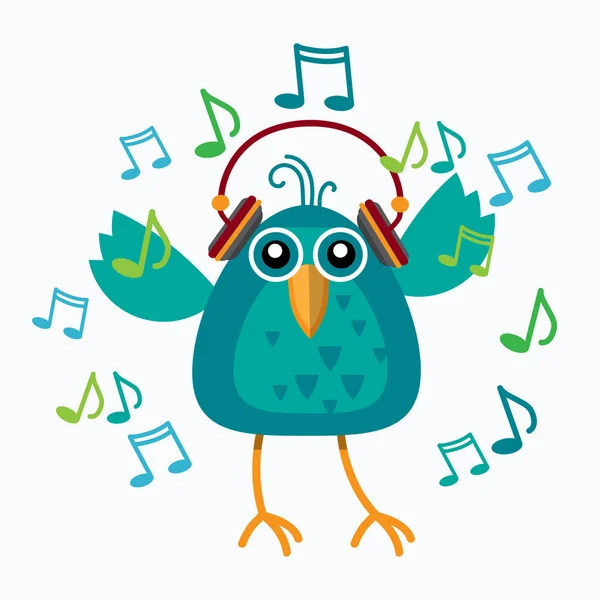 Bird Listen Music Wear Headphones Dancing Notes — Stock Vector