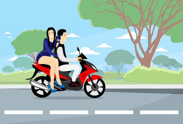 Asian para jeździć motocykl Scooter — Wektor stockowy