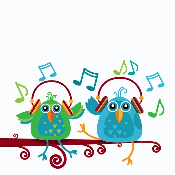 Ptáci sedící na větvi poslouchat hudbu nosit sluchátka poznámky — Stockový vektor
