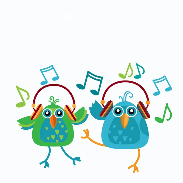 Pássaros casal ouvir música usar fones de ouvido notas de dança — Vetor de Stock