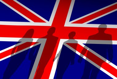 Büyük Britanya'nın İngiliz bayrağı arka plan siluet kişi grubu