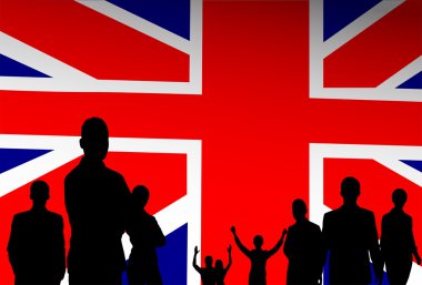 Büyük Britanya'nın İngiliz bayrağı arka plan siluet kişi grubu