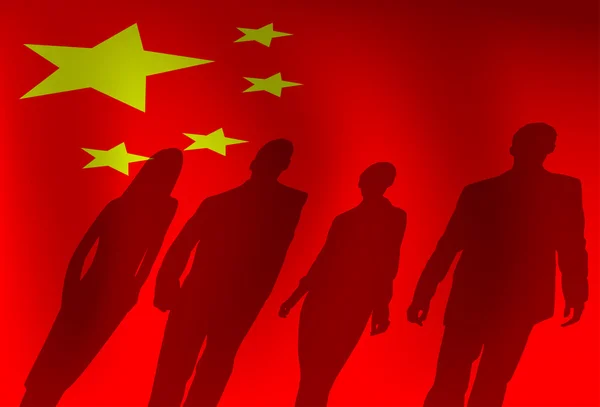 Grupo de personas de silueta sobre fondo de bandera china — Vector de stock