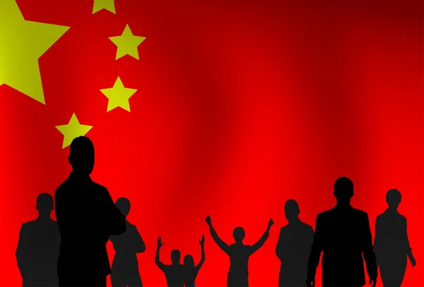 Grupo de personas de silueta sobre fondo de bandera china — Vector de stock