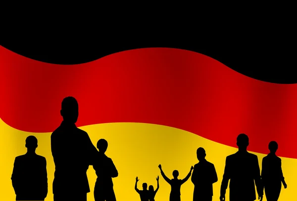 Silhouette Menschen Gruppe über deutsche Flagge Hintergrund — Stockvektor