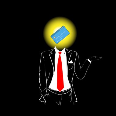 Adam siluet takım elbise kırmızı kravat kredi kartı kafa bankacılık kavramı