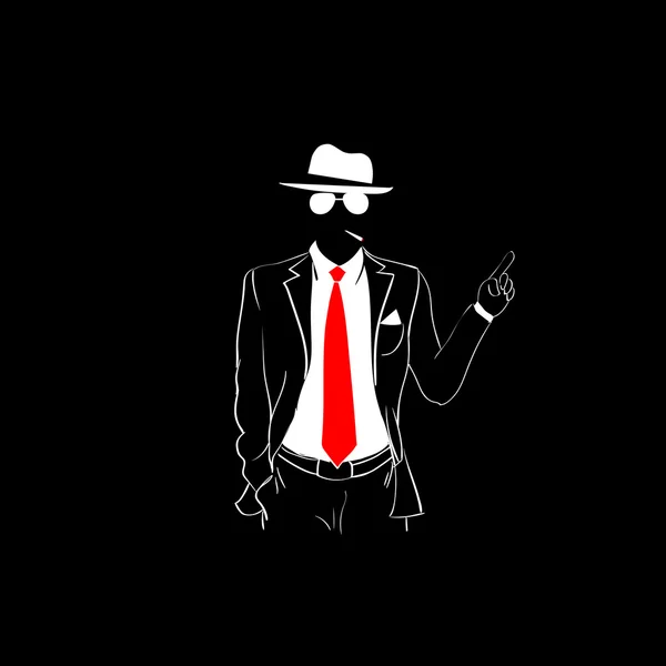 Man silhouet pak Red Tie slijtage glazen Hat witpunt vinger omhoog — Stockvector