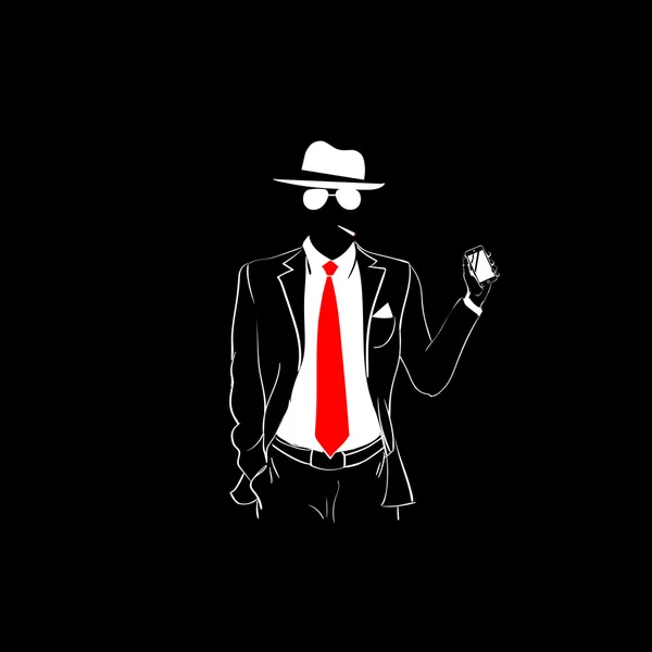 Hombre silueta traje rojo corbata desgaste gafas blanco celebrar celular teléfono inteligente — Vector de stock