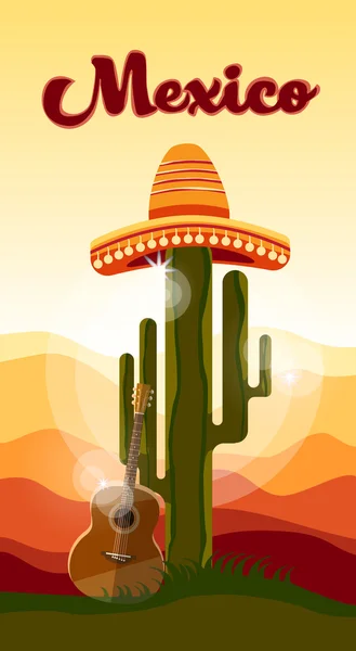 Sombrero och gitarr nära cactus — Stock vektor