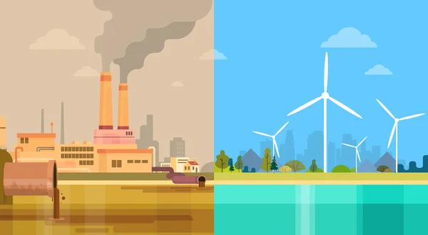Czyste i zanieczyszczone brudne miasto ekologiczne zielona energia koncepcja wiatr — Wektor stockowy