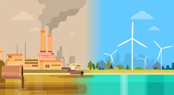 Temiz Ve Kirli Şehir Çevre Yeşil Enerji Kavramı Rüzgar — Stok Vektör